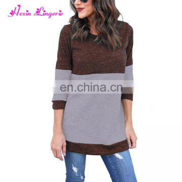 Free Shipping Brown Splicing Crewneck Winter Latest Design Fashion Sweater For Women