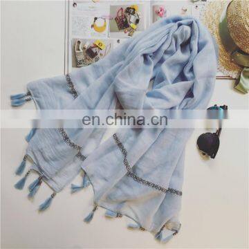 custom blue cotton simple Fashion check Voile Scarf for ladies