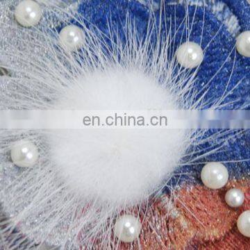 Embroidery Flower With Pearl and Fur Pompom Applique photo-3