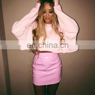 Crop top 2020 western Ladies Custom Logo Crew Neck Lantern Long Sleeve Raw Edge Cotton Blank mujer
