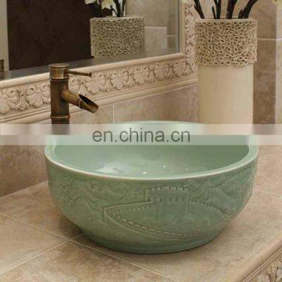 China Hand Carved The Great Wall Design Ceramic Washbasin For Bathroom Basin photo-3