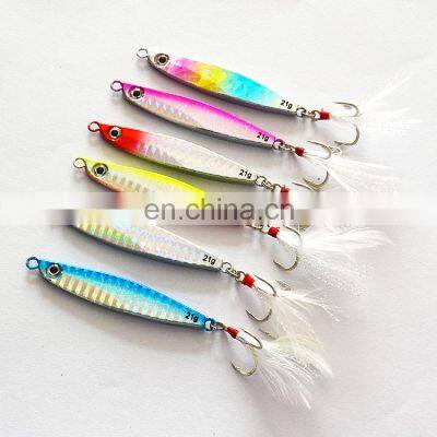 In stock Weihai factory price 7g 10g 14g 21g 30g luminous 3D eyes Metal Jig Lure With feather hook