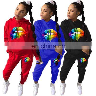 Wholesale custom ladies suit printed hooded long sleeve sweater casual suit Sports long hooded printed suit Casual style