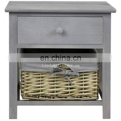 Wood Grey Night stand Bedside Table Cabinet with Wicker Storage Basket