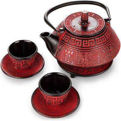 Factory price Classic Tea Kettle 400/800 ml ancient text Cast Iron Enamel Teapot with Stainless steel filter