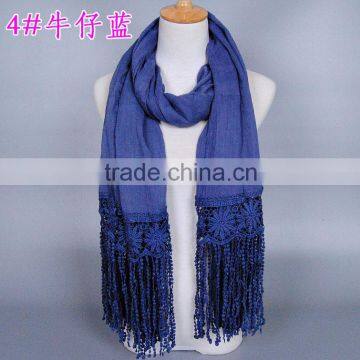 New Design Korea Women Fashion Cotton Plain Lace Scarf