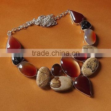 Carnelian, Snowflake Jasper, Picture Jasper Necklace plated 925 Sterling Silver 105 Gms 18-20 Inches