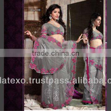 Grey Net Embroidery Saree