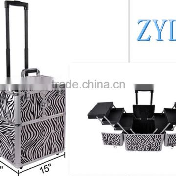 four wheeled zebra printed aluminum tool trolley case for barber hairdresser