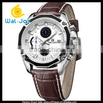 WJ-5534 Leather Strap Stainless Steel Back With Calendar Water Resistant Men Megir Hand Watch photo-3