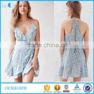 Summer New Design Women Printed Blue Ruffle Wrap Mini Dress