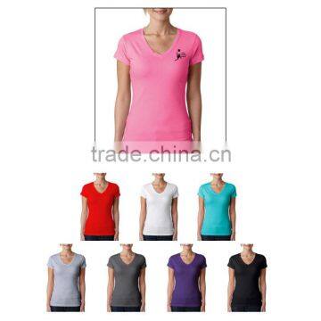 2015 New Promotional Adult Women Blank Combed Cotton Jersy Sporty V-neck T-Shirt