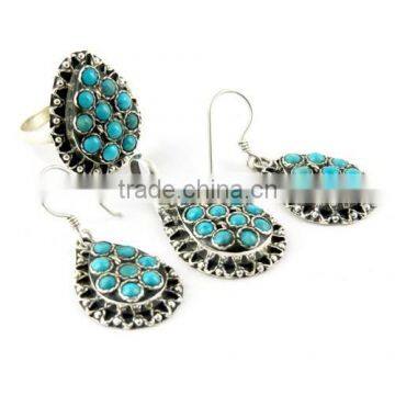 Melody Turquoise Oxidized Rava Work 925 Sterling Silver Jewelry Set, Silver Jewelry Wholesaler, Sterling Silver jewelry