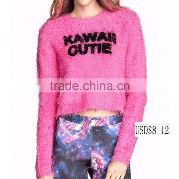 Ladies' Round Neck Dress Shorts Long Dress Hairy Knitted Sweater With Printing Letters