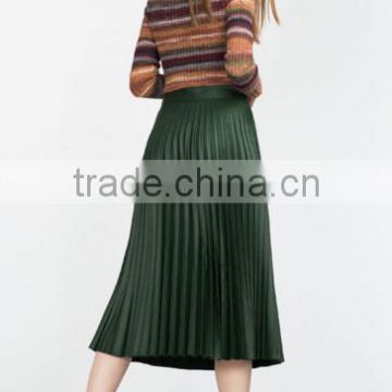 Guangzhou Clothes Factory Manufacturer 2016 New Arrival Fashion PU leather Women Pleated Midi Skirts