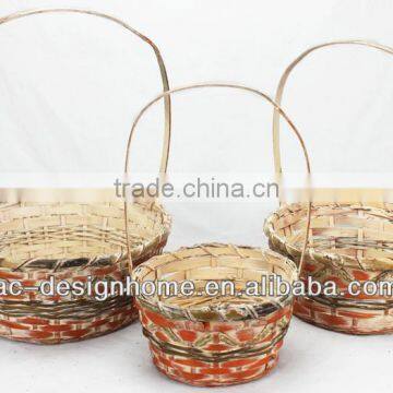 S/3 ORANGE WASH ROUND BAMBOO CHIP/SEAGRASS BASKET W/HANDLE