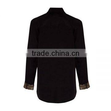 Tops Ladies Rayon Long Sleeve Black Sequin Cuff Shirt Blouse photo-3