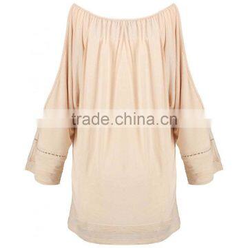 Brand Customzied Linen Plain Beige Blouses Tops For Ladies Casual Cotton Crochet Cold Shoulder Tops photo-3