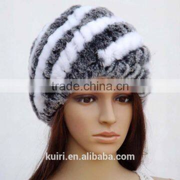 Rex Rabbit Fur Hats Fur Striped Knitted Cap for Women Genuine Rabbit Fur Hat Cap Winter Warms Hats photo-4
