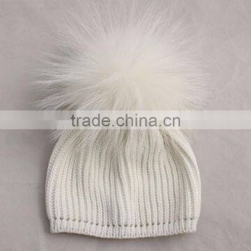 Myfur Kids Hat Pure White Genuine Fur Pom Pom Crochet Winter Knitting Hat