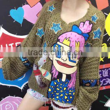M1212 Runwaylover 2016 Latest Design Fashion Ladies Sequin Cartoon Girl Star Pattern Knitted Sweater photo-3