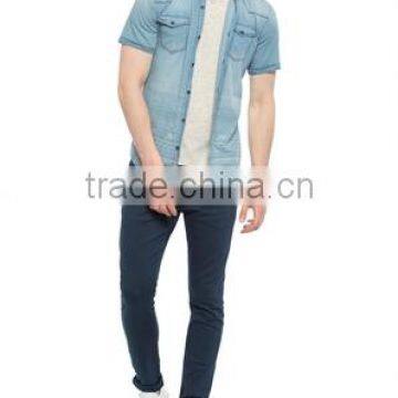 Indigo Skinny Short Sleeve Solid Buttonless Shirt