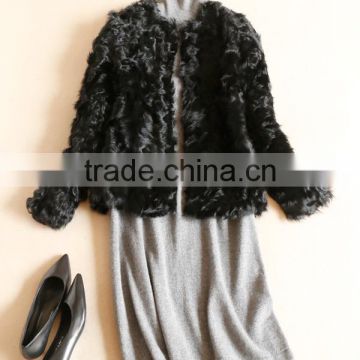 YR649 Genuine Curly Lamb O-Neck Long sleeve Fur Coat Euro Fashion Real Baby Sheep Lamb Fur Coat