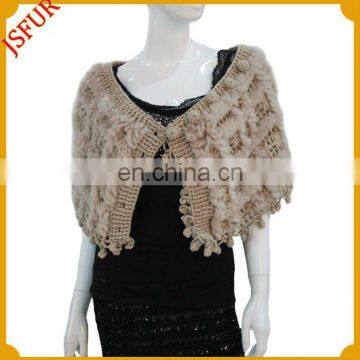 Fashion design women's wool knitted cape crochet shawl with rabbit fur trim shawl