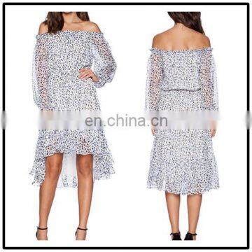 Off Shoulder Long Sleeve Short Front Long Back Ruffle Leopard Chiffon Color Knorean Dresses Casual NT6527