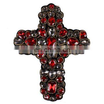 Custom Beading Rhinestones Red Gold Cross Design Sew On Patches