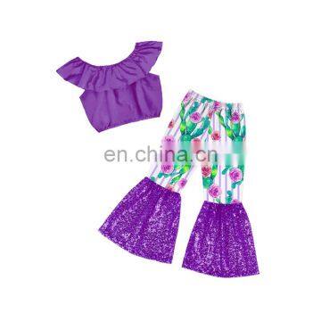 Purple sleeveless crop Top and floral stripe pattern glaring sequin bell bottom 2pcs Baby Girl suit