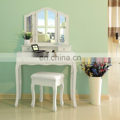 Wholesale Wood dressing table furniture with 3 folded mirrors 4 drawers and Cushioned Stool