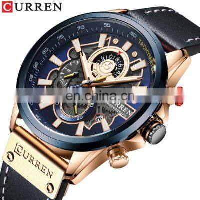 CURREN 8380 Top quality latest three eyes day date leather strap luminous analog quartz watch for men