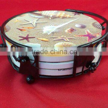 Sets of 4 Metal Frame Absorbent Printed Round Ceramic Coaster With Iron Stand photo-2