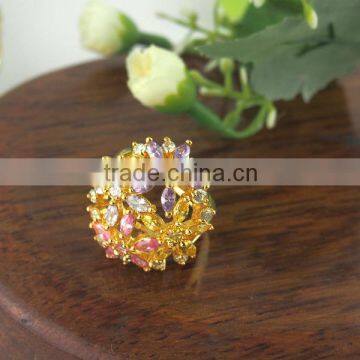 Flower shape gold plated color cz copper ring design