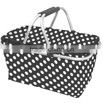 black with white dot patent pvc shopping basket