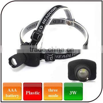 3 mode black CREE Q5 led headlamp Head torch flashlight Plastic zoomable high power cree led headlamp