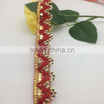 garment decoration tinsel red and gold lace trims with sequins