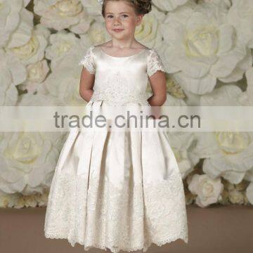 Short Sleeve Satin Re-Embroidered Ivory Lace Flower Girl Dresses(FLMO-3037)