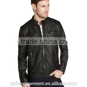 Men's washed soft faux leather jacket with stand collar