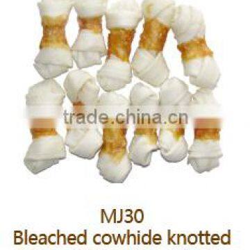 Pet Snack bleached cowhide knotted bone wrapped by chicken chicken meat for Dog Food