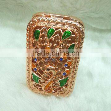 Rose red peafowl pocket mirror with rhinestone