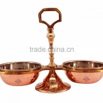 IndianArtVilla Handmade Steel Copper 2 Bowl Compartment Condiment Pickle Set for Dish SERVING Restaurant Hotel Home Ware