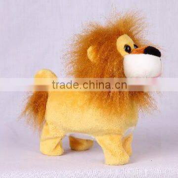 Walking and nodding lion with mouth moving and tail wagging, electronic and musical stuffed animal plush toy