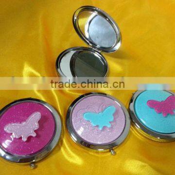 Double sided round shape butterfly design metal pocket cosmetic mirror