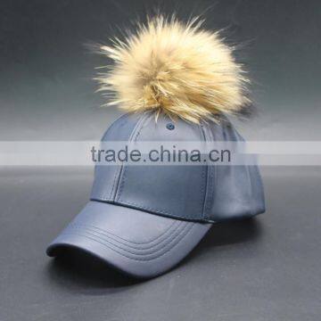 PU Leather Baseball Cap With Fake Foxfeather Pom Pom photo-5