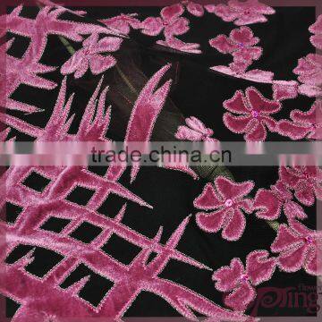 Elegant pink flannel flower applique designs lace embroidery fabric with sequins