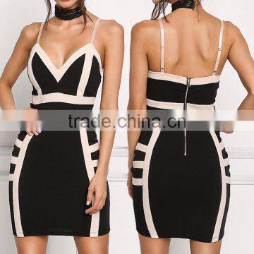 Sexy Black Two Tone Plunge Spaghetti Straps Bodycon Dress Girls Night Club Dress Photos Without Dresses HSD5930