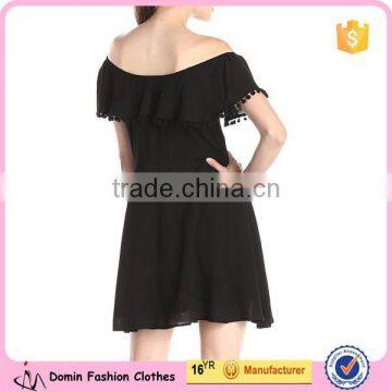 Frill Layer Neckline With Pom Trim Women's Off Shoulder Dress photo-2