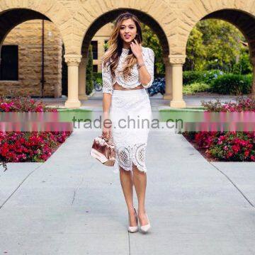 Clubwear Lace White 2015 New Arrival Half Sleeve 2 Pieces Set HL Bandage Bodycon Girl Evening Party Dress